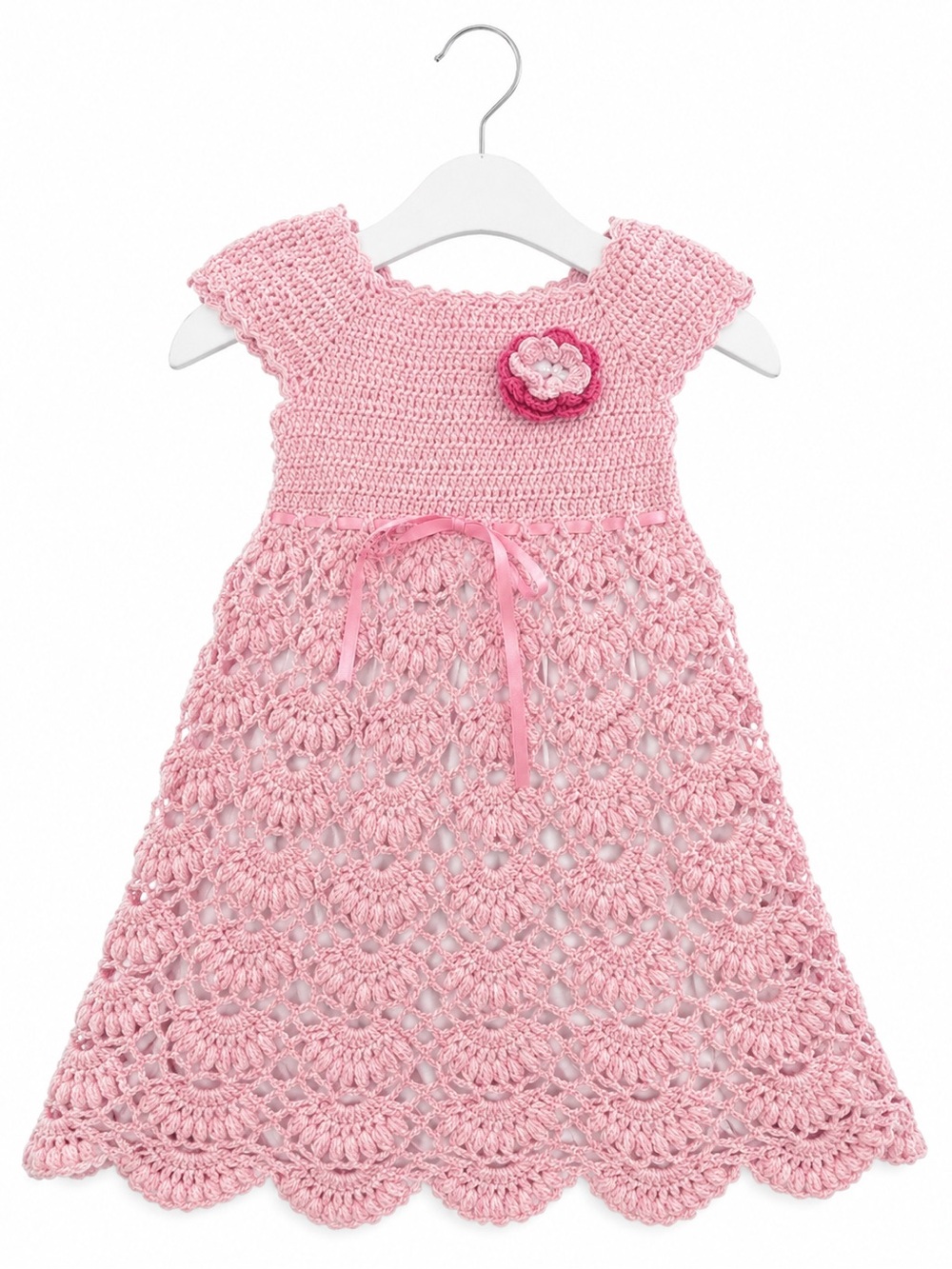 Handmade Pink Crochet Girls Dress w/ Flower Applique Lined Heirloom Lace Dress